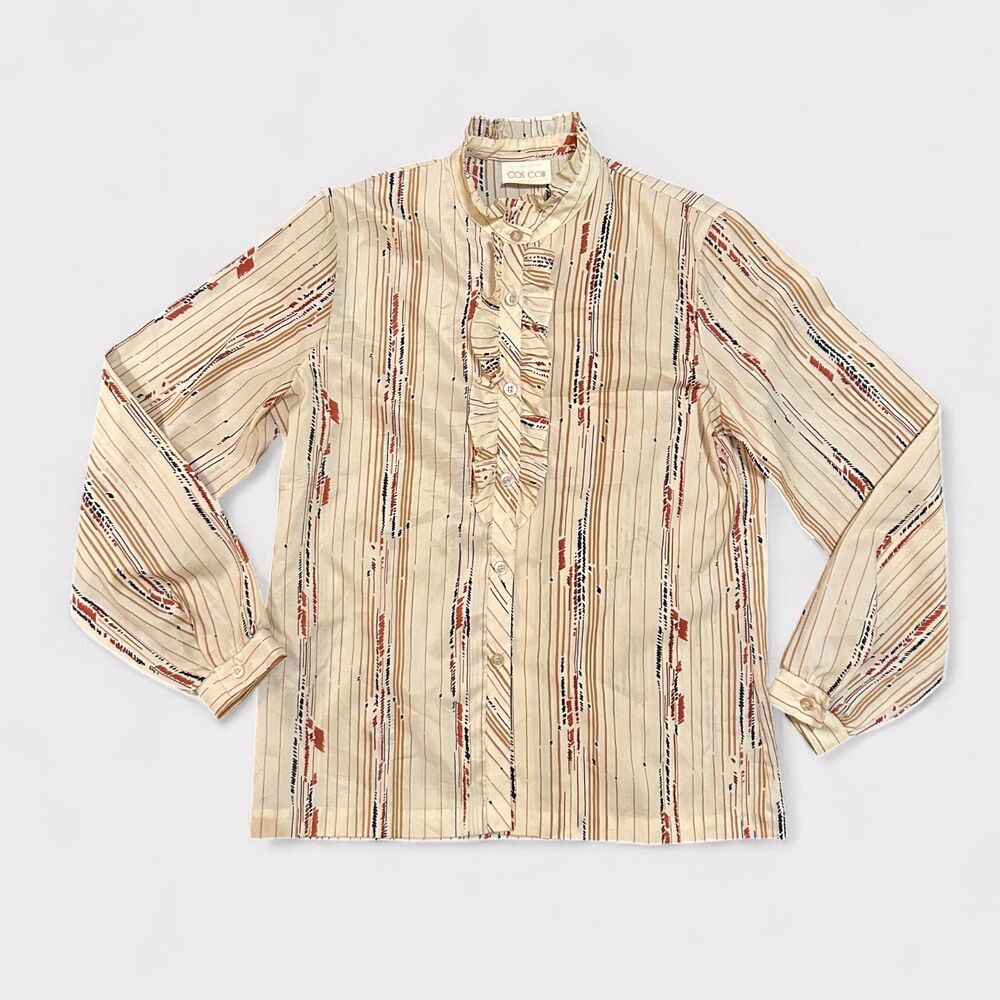 Vintage COS COB Ruffle Blouse Ivory Stripe Print Brown Blue 70s Women's Medium M